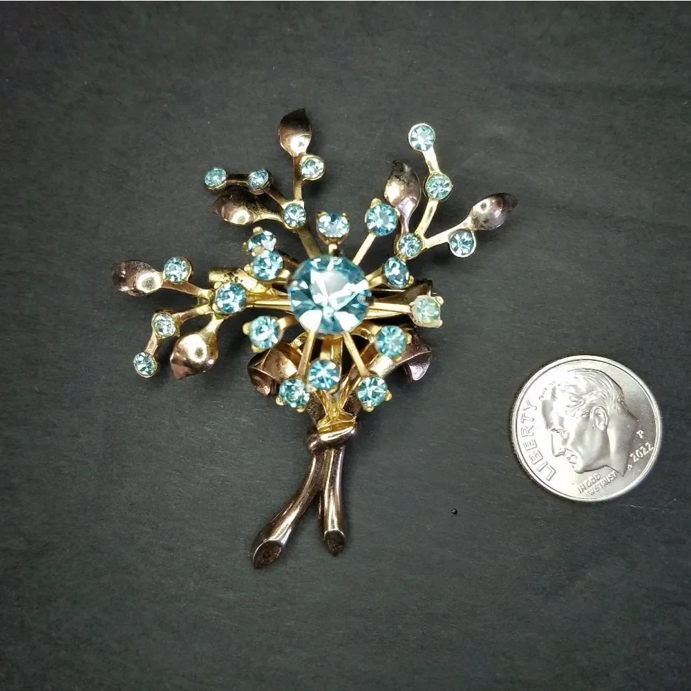 Vintage Signed Coro Pastel Blue Rhinestone Floral Bouquet Gold Tone Brooch Pin